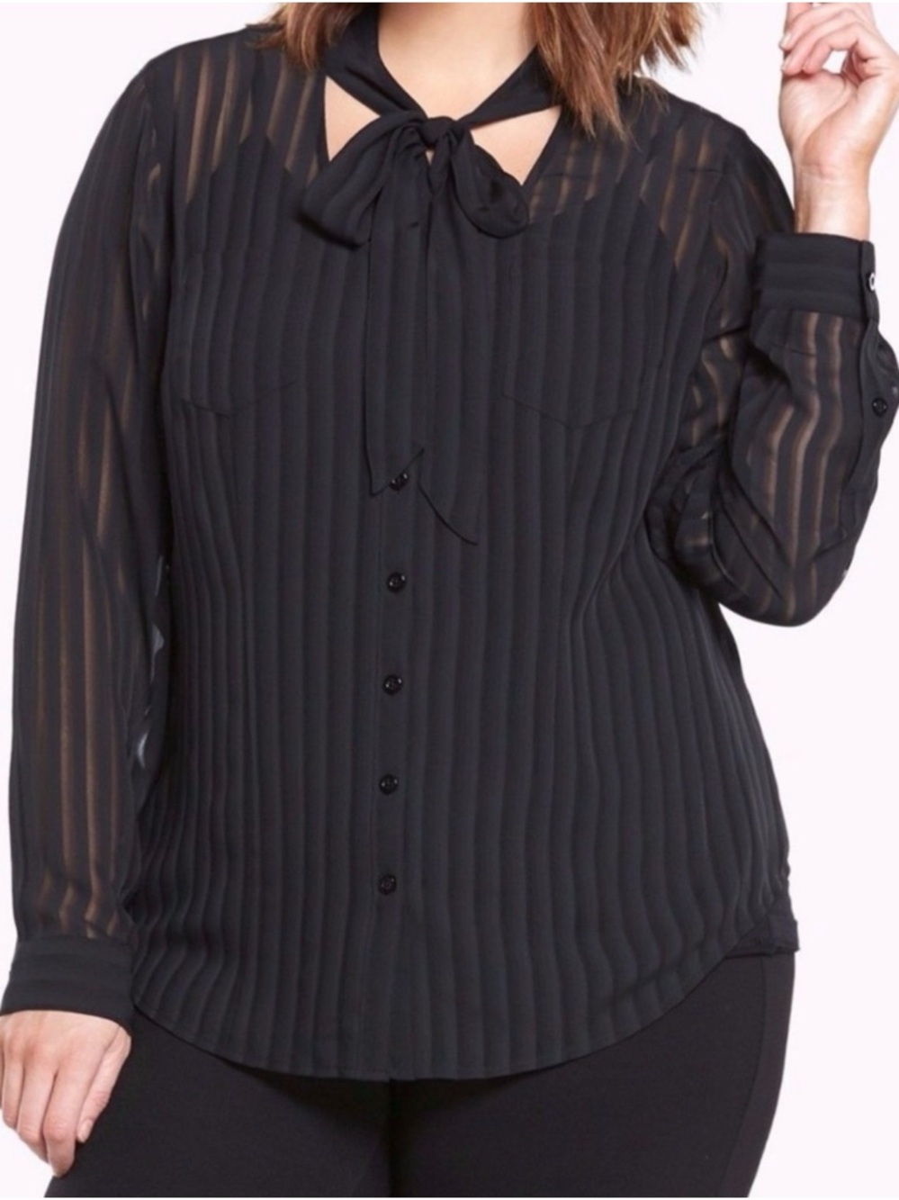 Torrid Black Sheer Striped Button-Down Button-Down Neck Tie Blouse Size 1